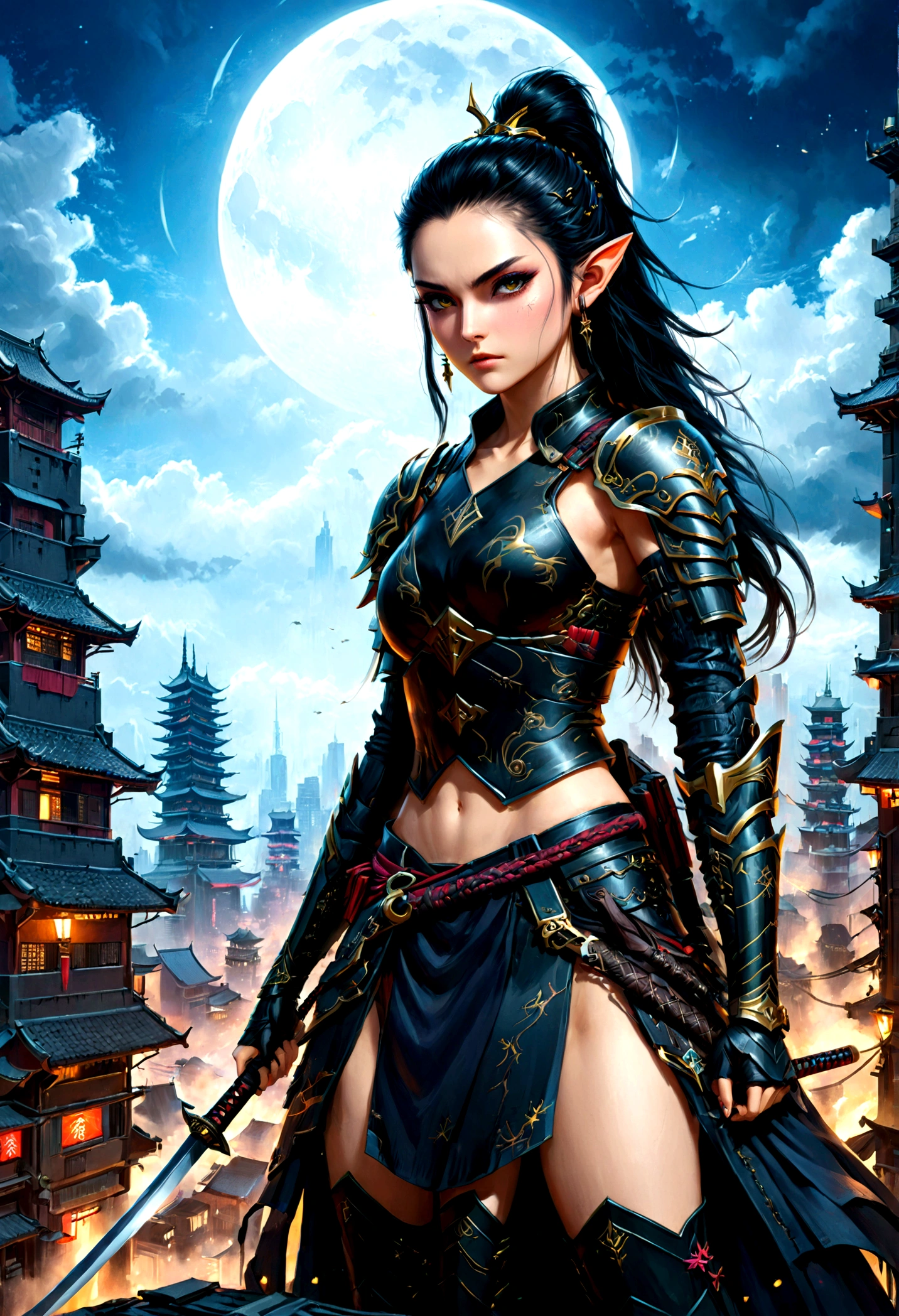 fantasy art, RPG art, dark fantasy art, a female elf samurai, ready to battle, she wears traditional samurai armor, she wears armored skirt, armed with a katana, she stands on top of a tower in a cyberpunk city, exquisite beautiful female elf, long hair, black hair, straight hair, braided hair, black eyes, intense eyes, small pointed ears, cyberpunk city at night, background, moon, stars, clouds, god rays, soft natural light, dynamic angle, photorealism, panoramic view, ultra best realistic, best details, 16k, [ultra detailed], masterpiece, best quality, (extremely detailed), photorealism, 