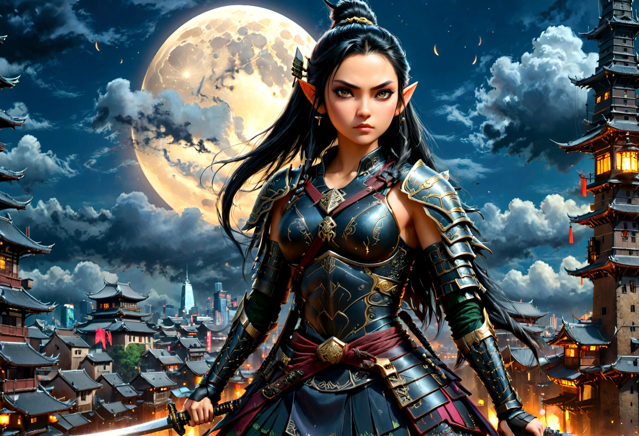 fantasy art, RPG art, dark fantasy art, a female elf samurai, ready to battle, she wears traditional samurai armor, she wears armored skirt, armed with a katana, she stands on top of a tower in a cyberpunk city, exquisite beautiful female elf, long hair, black hair, straight hair, braided hair, black eyes, intense eyes, small pointed ears, cyberpunk city at night, background, moon, stars, clouds, god rays, soft natural light, dynamic angle, photorealism, panoramic view, ultra best realistic, best details, 16k, [ultra detailed], masterpiece, best quality, (extremely detailed), photorealism, armor,