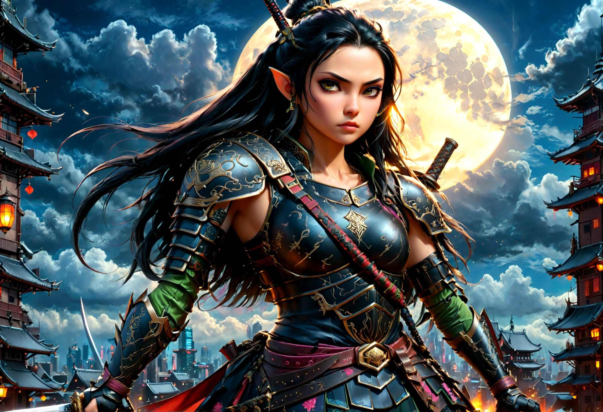 Fantasy-Kunst, RPG art, dark Fantasy-Kunst, eine weibliche Elfensamurai, bereit zum Kampf, she wears traditional samurai Rüstung, she wears Rüstunged skirt, bewaffnet mit einem Katana, she stands on top of a tower in a cyberpunk city, exquisite schöne weibliche Elfe, lange Haare, schwarzes Haar, glattes Haar, geflochtenes Haar, schwarze Augen, intensive Augen, kleine spitze Ohren, cyberpunk city at night, Hintergrund, Mond, Sterne, Wolken, göttliche Strahlen, Sanftes Tageslicht, dynamischer Winkel, Fotorealismus, Panoramablick, ultra am besten realistisch, beste Details, 16k, [Extrem detailliert], Meisterwerk, beste Qualität, (Extrem detailliert), Fotorealismus, Rüstung,