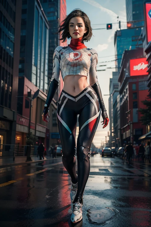 ((masterpiece, 8K, 3D, Realistic, Super Detail)), (1girl:1.3), slender 17 age, Ultra Micro photography, Super realistic, Perfect face, Beautiful features, ((Perfect female body)) Beautiful features, ( body), ((small hips)), Melissa Benoist as Cyberpunk Mech suit ((Exposed thigh)), Exposed Skin, Front Full body Shot, full body portrait, futuristic city background
