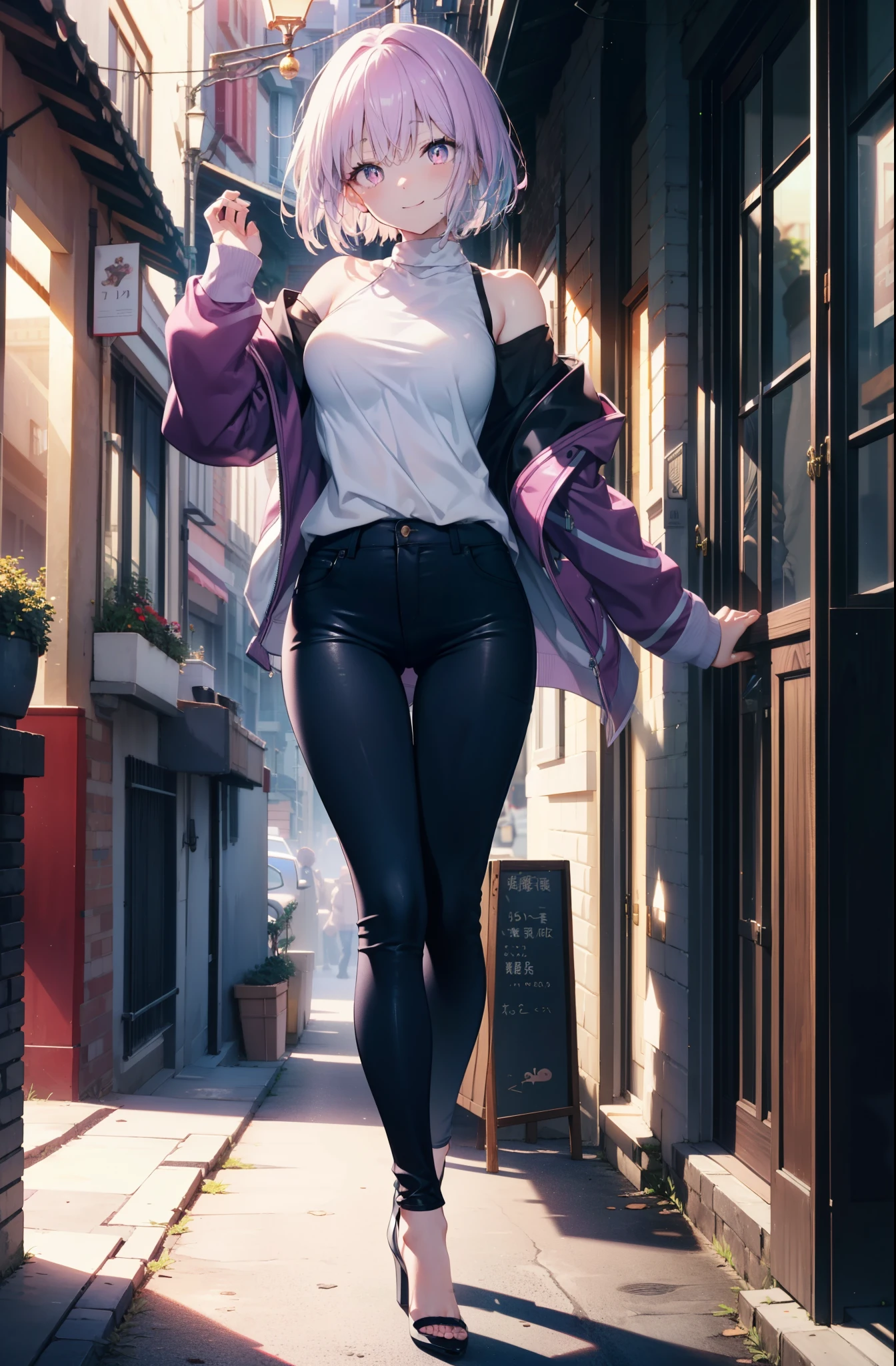 akaneshinjou, shinjou akane, Light purple hair, (Pink Eyes:1.2), short hair,hair band,Cold shoulder tops,skinny pants,Stiletto heels,walking,morning,morning陽,The sun is rising,whole bodyがイラストに入るように,happy smile, smile, Close your mouth,
 break looking at viewer,whole body,               　　　　　　　 break outdoors ,Residential Street, 　　　　　　　　　　　break (masterpiece:1.2), highest quality, High resolution, unity 8k wallpaper, (shape:0.8), (Beautiful and beautiful eyes:1.6), Highly detailed face, Perfect lighting, Extremely detailed CG, (Perfect hands, Perfect Anatomy),