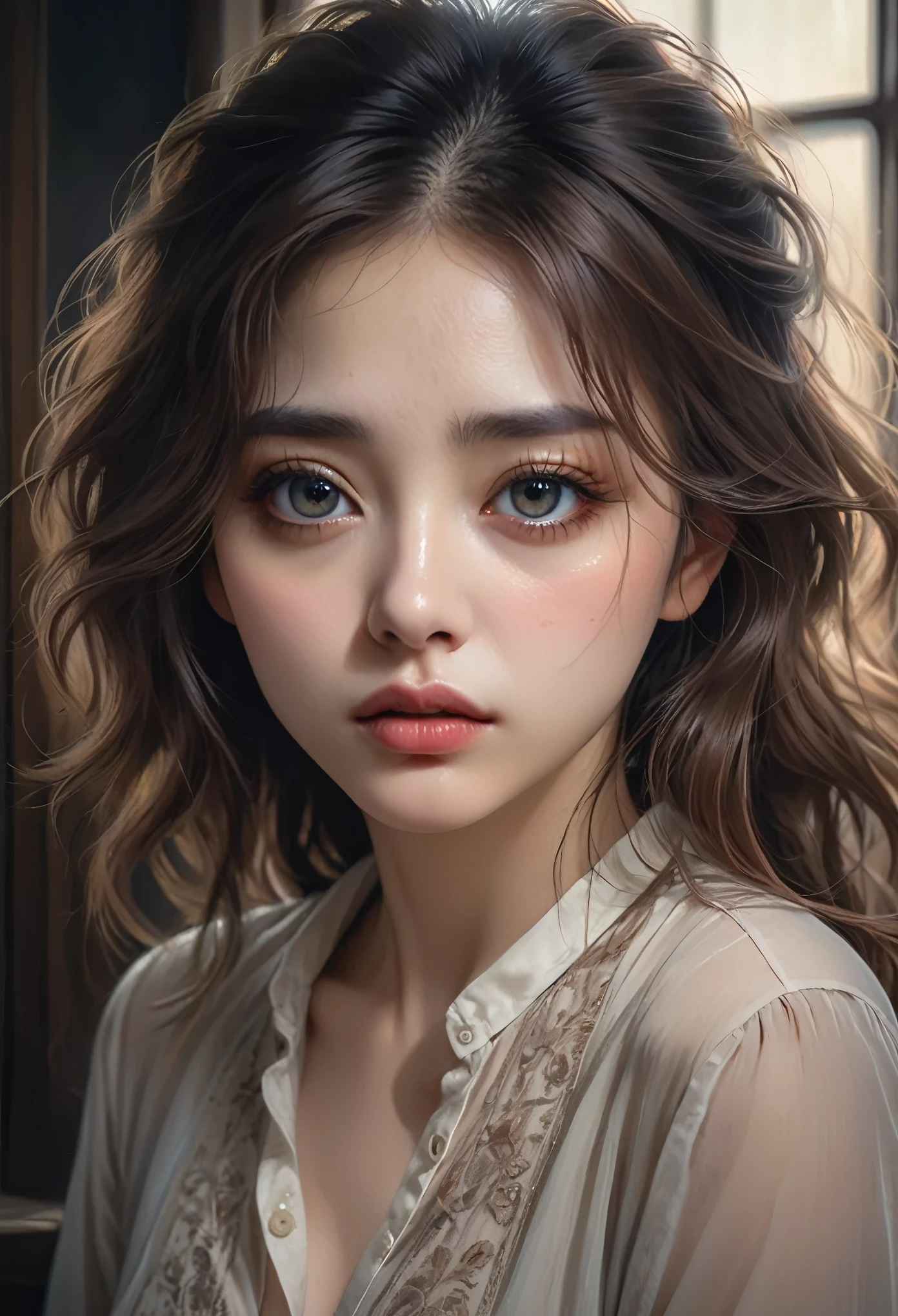 Full body portrait、a woman suffering from sex addiction, beautiful detailed eyes, beautiful detailed lips, extremely detailed eyes and face, long eyelashes, melancholic expression, disheveled hair, partially open blouse, sensual pose, moody lighting, dramatic chiaroscuro, cinematic composition, muted color palette, oil painting, masterpiece, 8k, high-quality, photorealistic, hyper-detailed, intricate details, dramatic lighting, emotional, melancholy, intimate