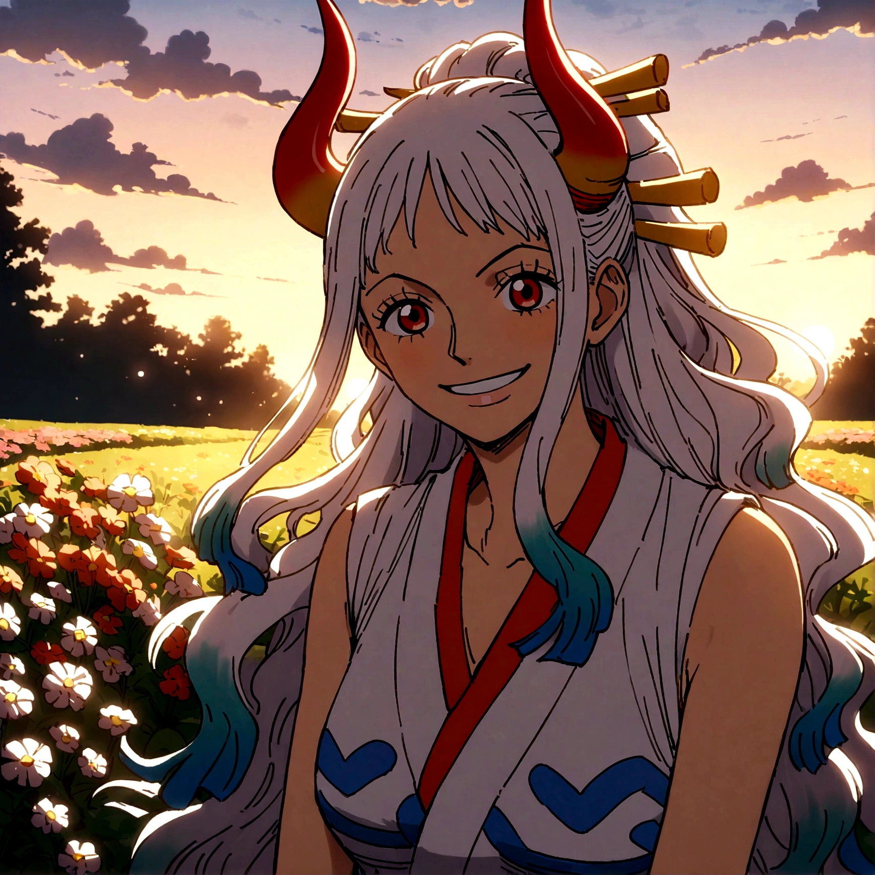 (yamato of one piece),smile,spotlight on face,long windy hair,multicolored hair,oni,horn,by eiichiro oda,solo,anime,flower,autumn leaves,garden,happy,masterpiece