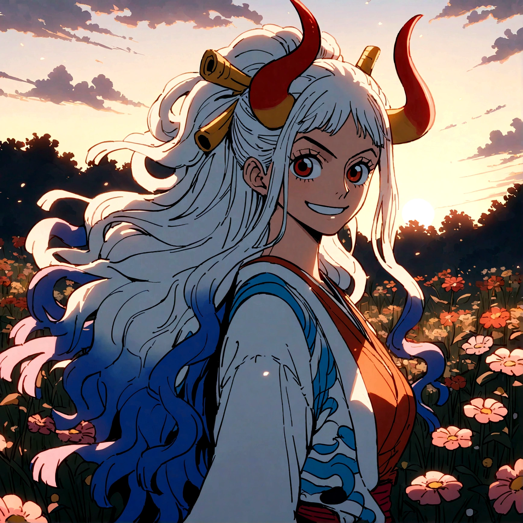 (yamato of one piece),smile,spotlight on face,long windy hair,multicolored hair,oni,horn,by eiichiro oda,solo,anime,flower,autumn leaves,garden,happy,masterpiece