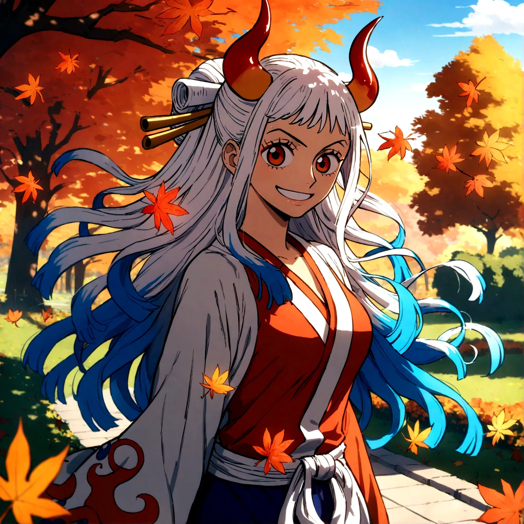 (yamato of one piece),smile,spotlight on face,long windy hair,multicolored hair,oni,horn,by eiichiro oda,solo,anime,flower,autumn leaves,garden,happy,masterpiece