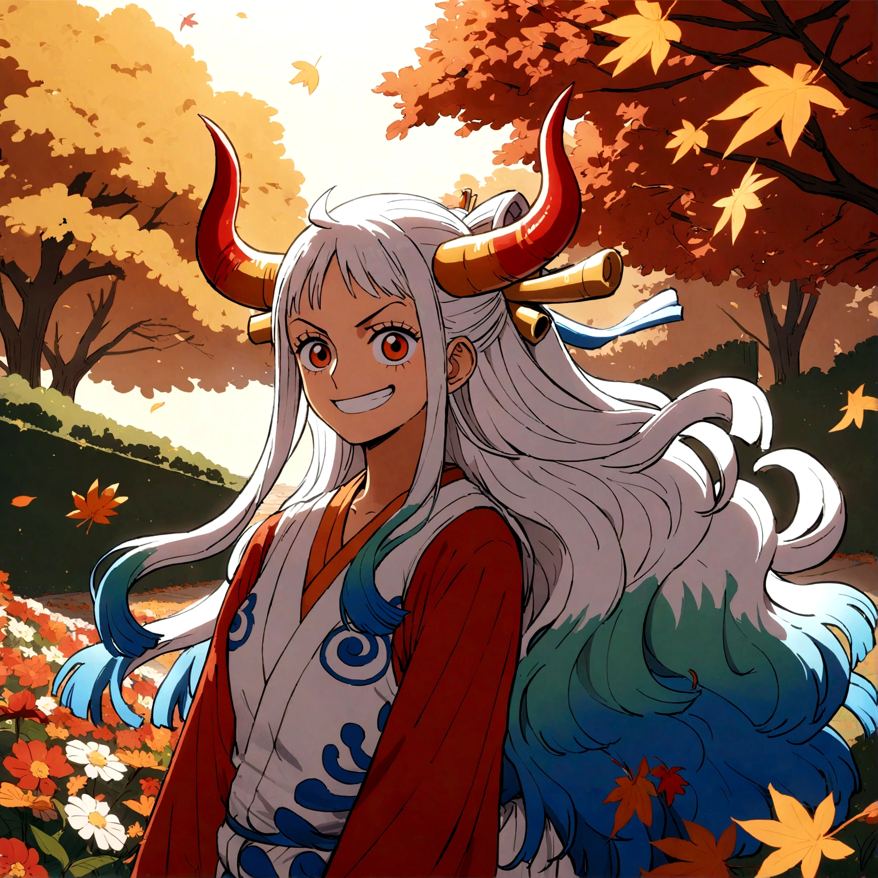 (yamato of one piece),smile,spotlight on face,long windy hair,multicolored hair,oni,horn,by eiichiro oda,solo,anime,flower,autumn leaves,garden,happy,masterpiece