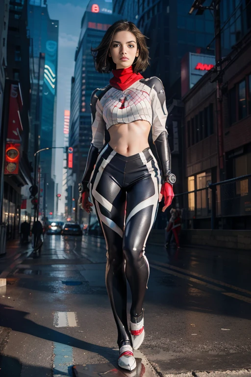 ((masterpiece, 8K, 3D, Realistic, Super Detail)), (1girl:1.3), slender 17 age, Ultra Micro photography, Super realistic, Perfect face, Beautiful features, ((Perfect female body)) Beautiful features, ( body), ((small hips)), Melissa Benoist as Cyberpunk Mech suit ((Exposed thigh)), Exposed Skin, Front Full body Shot, full body portrait, futuristic city background
