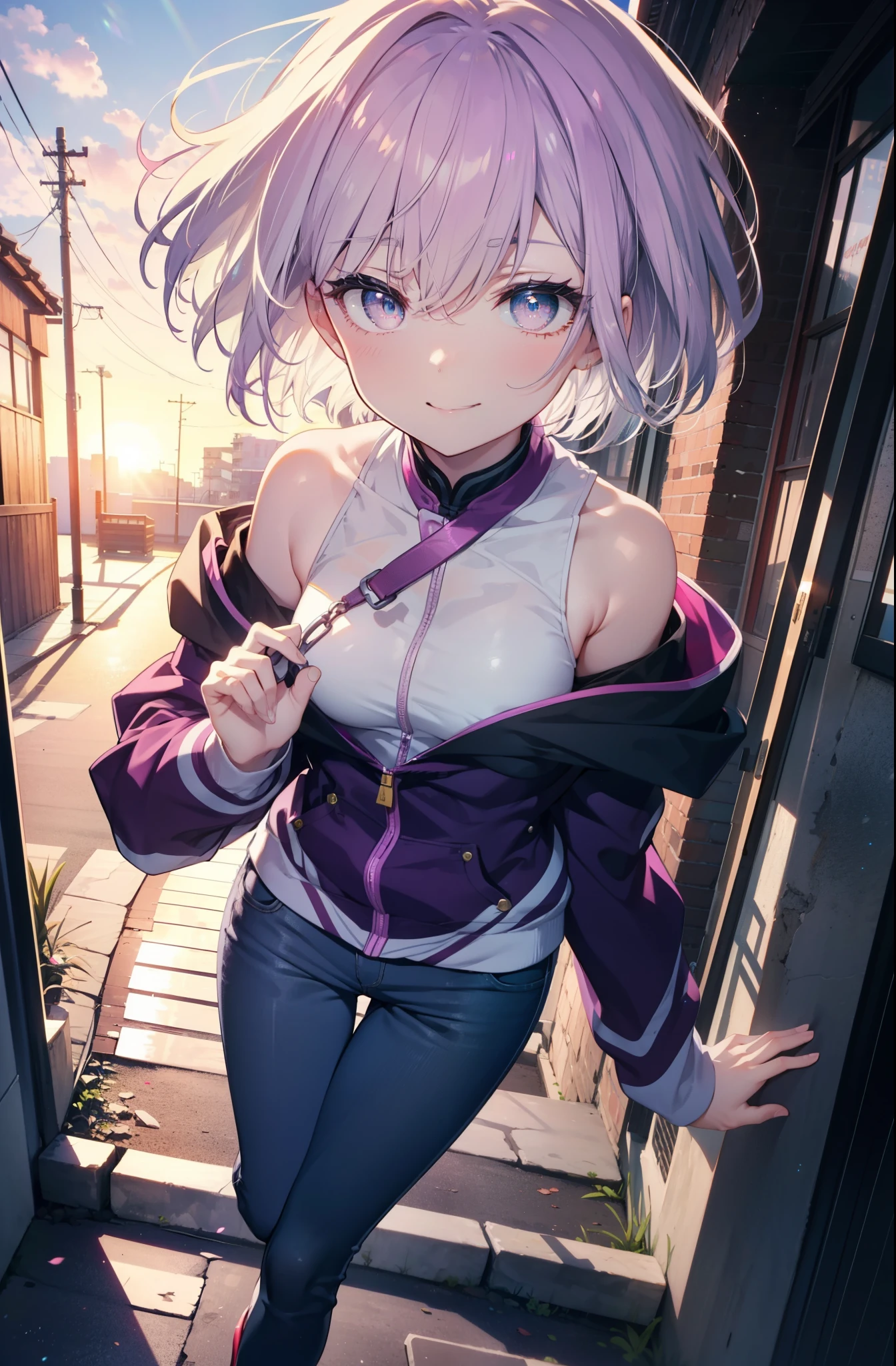 akaneshinjou, shinjou akane, Light purple hair, (Pink Eyes:1.2), short hair,hair band,Cold shoulder tops,skinny pants,Stiletto heels,walking,morning,morning陽,The sun is rising,whole bodyがイラストに入るように,happy smile, smile, Close your mouth,
 break looking at viewer,whole body,               　　　　　　　 break outdoors ,Residential Street, 　　　　　　　　　　　break (masterpiece:1.2), highest quality, High resolution, unity 8k wallpaper, (shape:0.8), (Beautiful and beautiful eyes:1.6), Highly detailed face, Perfect lighting, Extremely detailed CG, (Perfect hands, Perfect Anatomy),