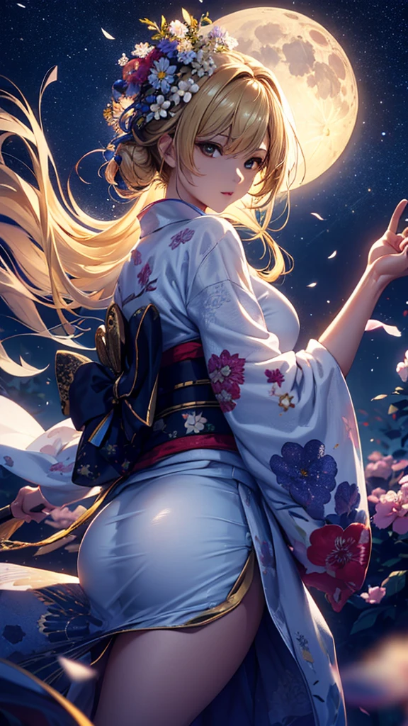 masterpiece, high quality, 4K, Beautiful design, silhouette，blonde， 非常に詳細な夜のStarry Sky,Flower Field， wonderful, Finer details,  Very knowledgeable woman, Highly detailed solo, 1 female,Big Breasts，Big Ass，Underwear Line，Yukata in white color，Night view，Starry Sky，full moon，