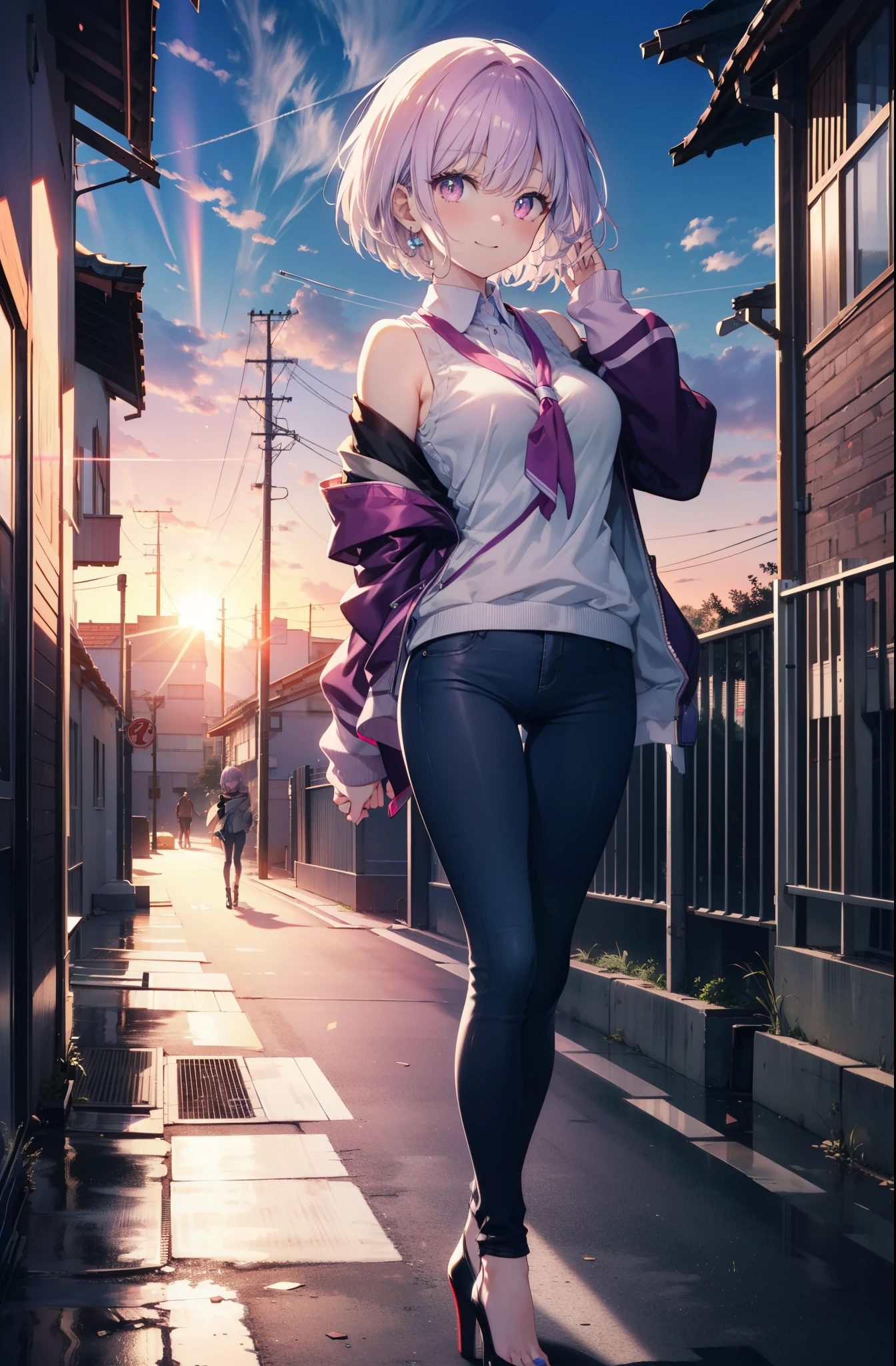 akaneshinjou, shinjou akane, Light purple hair, (Pink Eyes:1.2), short hair,hair band,Cold shoulder tops,skinny pants,Stiletto heels,walking,morning,morning陽,The sun is rising,whole bodyがイラストに入るように,happy smile, smile, Close your mouth,
 break looking at viewer,whole body,               　　　　　　　 break outdoors ,Residential Street, 　　　　　　　　　　　break (masterpiece:1.2), highest quality, High resolution, unity 8k wallpaper, (shape:0.8), (Beautiful and beautiful eyes:1.6), Highly detailed face, Perfect lighting, Extremely detailed CG, (Perfect hands, Perfect Anatomy),