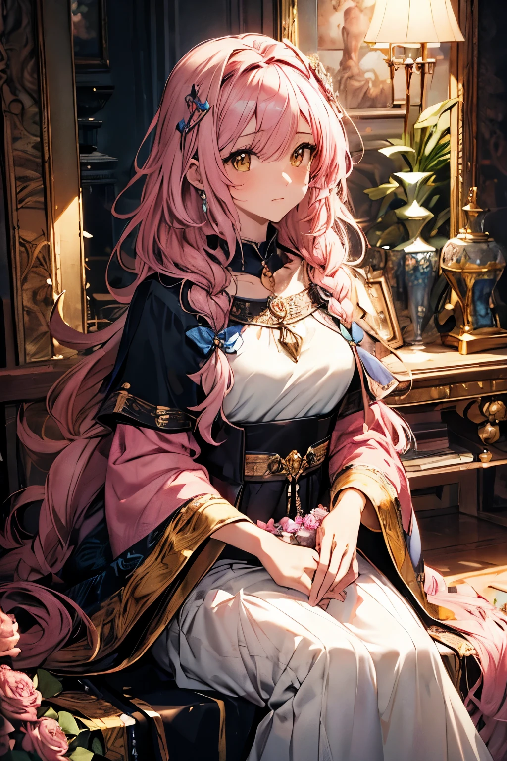 (Best quality, 4K, 8K, A high resolution, Masterpiece:1.2), Ultra-detailed, Noble maiden, Exquisite facial features，Pink curly hair long hair details expressed, Graceful posture, Dreamy atmosphere, expressive brush strokes, mystical ambiance, Artistic interpretation,Delicately coiled hair，Floral jewelry with exquisite details, Crystal diamond jewelry，Small fresh aesthetics，Stunning intricate costumes, Fantasy illustration, Subtle colors and tones, The details have been upgraded