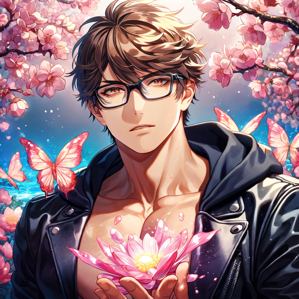 absurdres, highres, ultra detailed, HDR, master piece, best quality, extremely detailed face, delicated features, Miyuki Kazuya, brown hair, messy and windswept, expressive amber eyes, glasses with black frames, Diamond No Ace, solo, sexy man, handsome, toned chest, black hoodie, black leather jacket, water, blossoms, pink flowers, pink butterflies, fantasy, magic, radiant