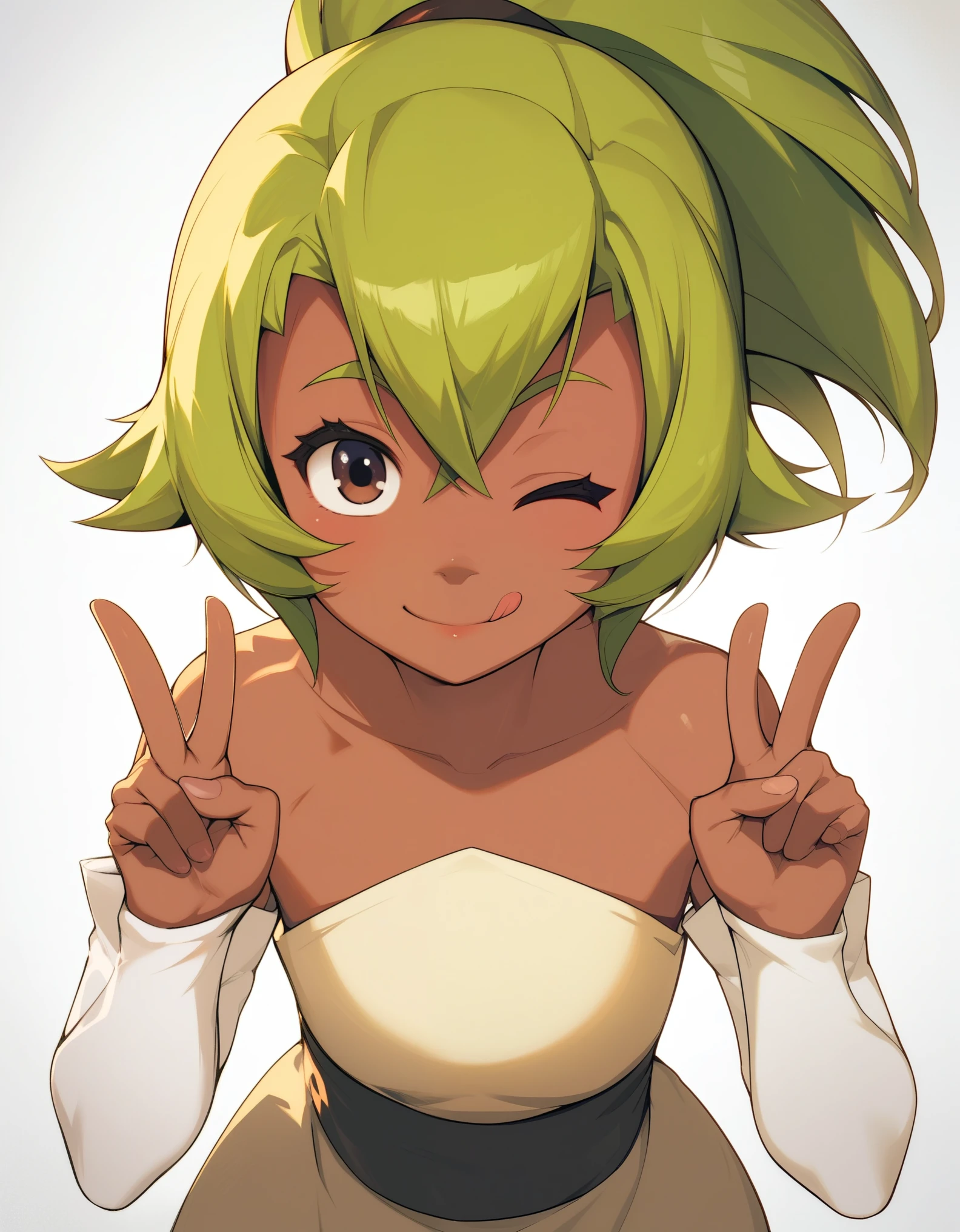 Score_9, score_8_up, score_7_up,  Amalia, 1girl, solo, dark skin, green hair, brown eyes, ponytail, bare shoulders, detached sleeves, pants, double v, tongue out, closed mouth, smile, one eye closed,