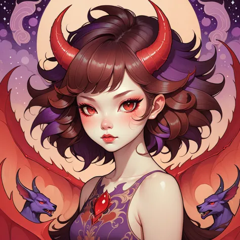 Beast Demon with purple red-brown and tan color palette with background in audrey kawasaki art style
