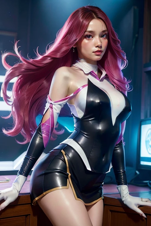 (beste Qualität,4k,8k,highres,Meisterwerk:1.2),ultra-detailliert,(realistisch,photorealistisch,photo-realistisch:1.37),Fräulein Glück (League of Legends), 1 Mädchen, trägt Star Guardian-Kleidung, extra langes Haar, Riemenschlupf, nackten Schultern, abgesetzte Ärmel, weite Ärmel, Rock, Porträts, leuchtende Farben, dramatische Beleuchtung