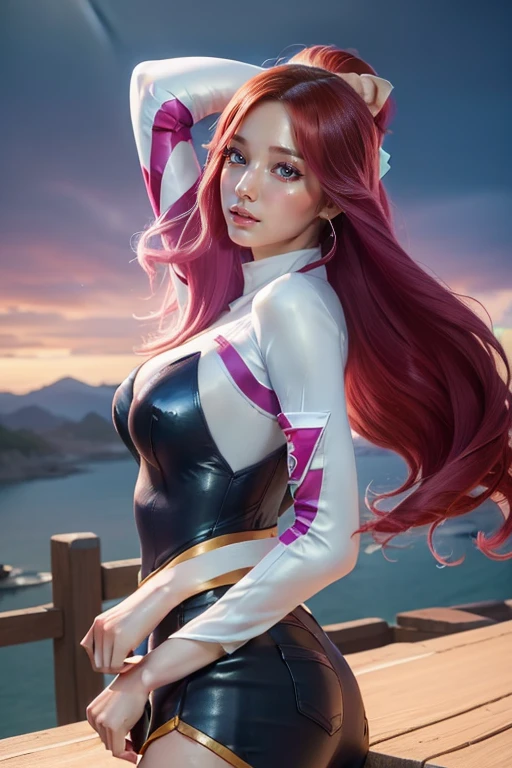 (best quality,4k,8k,highres,masterpiece:1.2),ultra-detailed,(realistic,photorealistic,photo-realistic:1.37),miss fortune (league of legends), 1girl, wearing Star Guardian clothing, extra long hair, strap slip, bare shoulders, detached sleeves, wide sleeves, skirt, portraits, vibrant colors, dramatic lighting