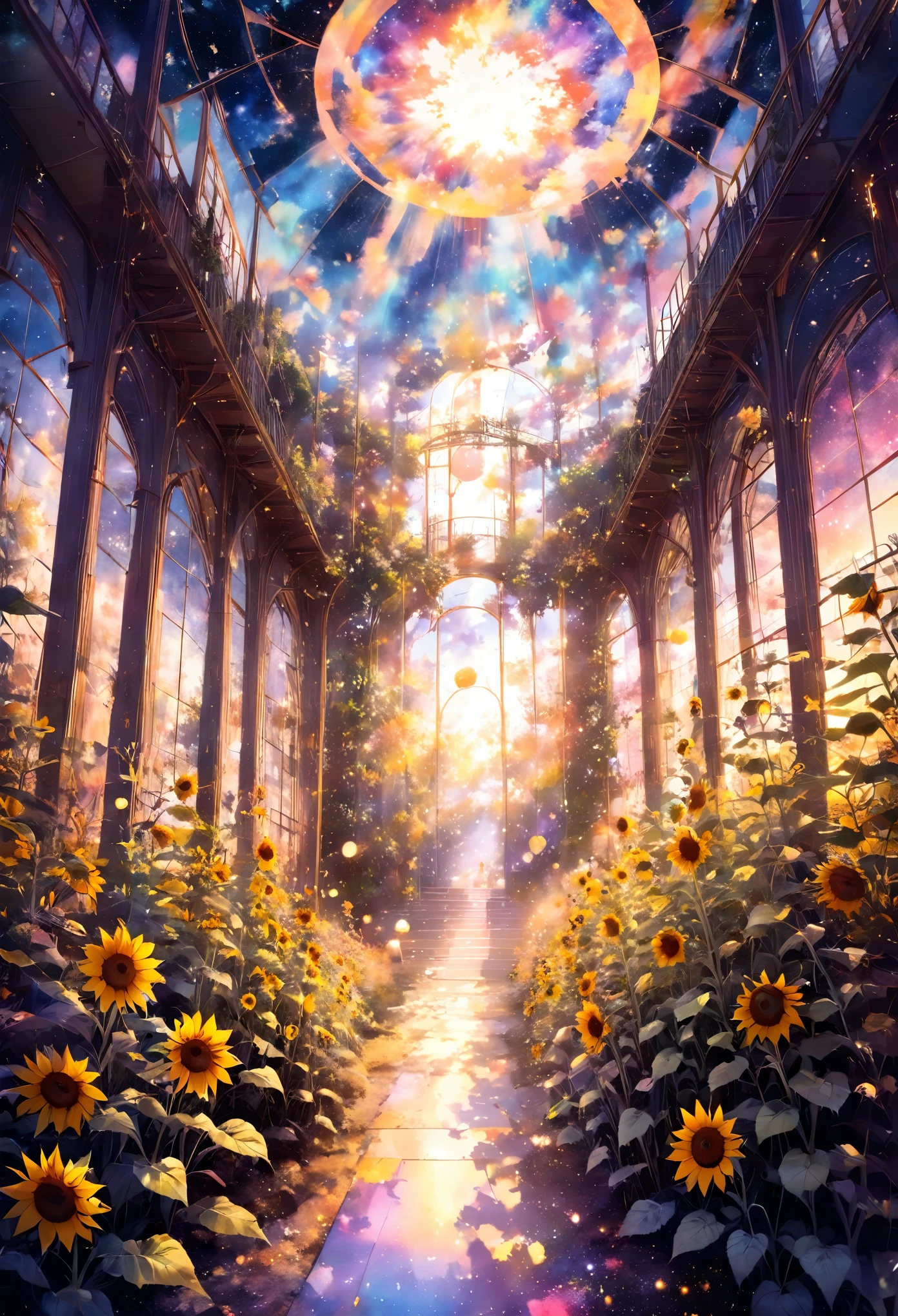 rabbit, sunflower, 辺り一面のsunflowerのひまわり畑, masterpiece, best quality, hyper detailed, insanely detailed, Full-HD, 16K, absurdres, gigantic scale, golden ratio, wide-angle lens, the galaxy, landscape, in the space, in the style of intricate, vibrant academia, pastel academia, soft surface, dreamy watercolor, splatter watercolor, from above, warm lighting, pinhole camera, deep focus, depth of field