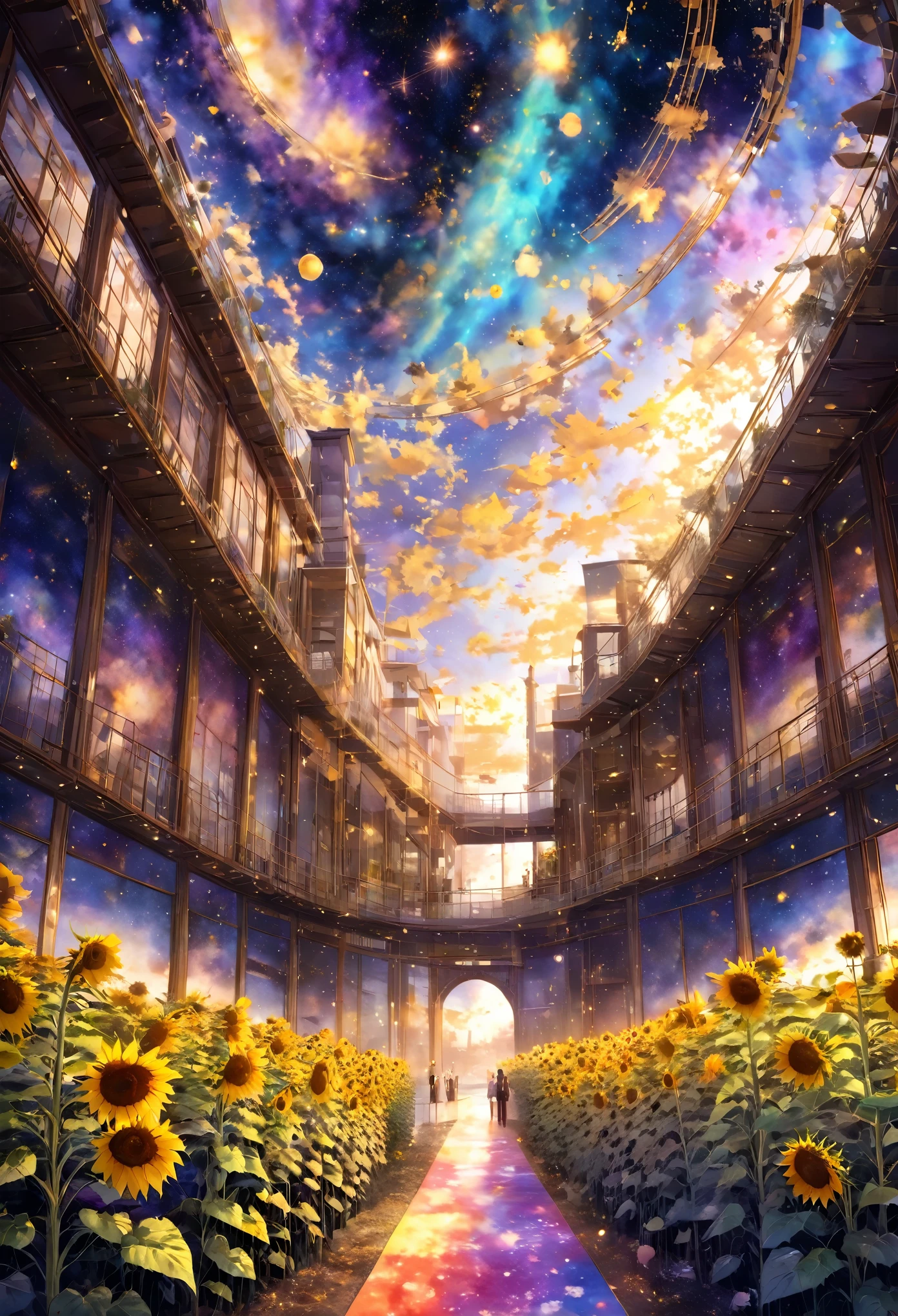 sunflower, 辺り一面のsunflowerのひまわり畑, masterpiece, best quality, hyper detailed, insanely detailed, Full-HD, 16K, absurdres, gigantic scale, golden ratio, wide-angle lens, the galaxy, landscape, in the space, in the style of intricate, vibrant academia, pastel academia, soft surface, dreamy watercolor, splatter watercolor, from above, warm lighting, pinhole camera, deep focus, depth of field