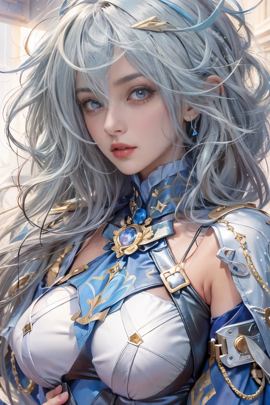 A dynamic series of paintings depicting a silver-haired, blue-eyed warrior girl., 8k, 超High resolution, Super detailed, High resolution,(Well designed face), Great face, (Very detailed), Beautiful Eyes, Soft lighting,, Outdoor, street,, URUSHISATO,1980s,, Beautiful fine details,Machinery Parts, Asymmetrical Hair,Thigh-high socks, Latex suit,Cleavage, huge firm bouncing bust, dynamic sexy poses
