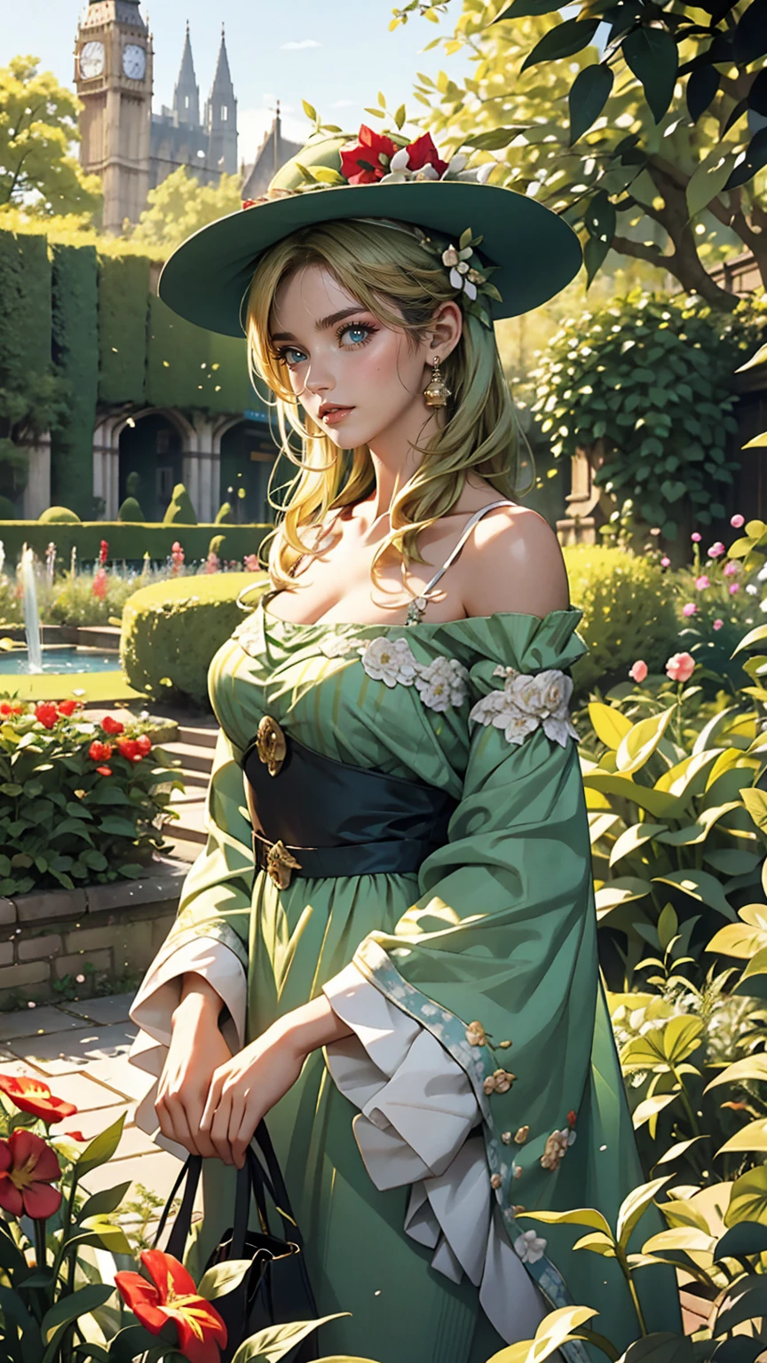 London suburbs、English Garden、A British deep green lady&#39;s vertical striped jumper skirt、British woman in a high-neck ribbon blouse、White、Blonde、blue eyes、Wavy hair、Smile