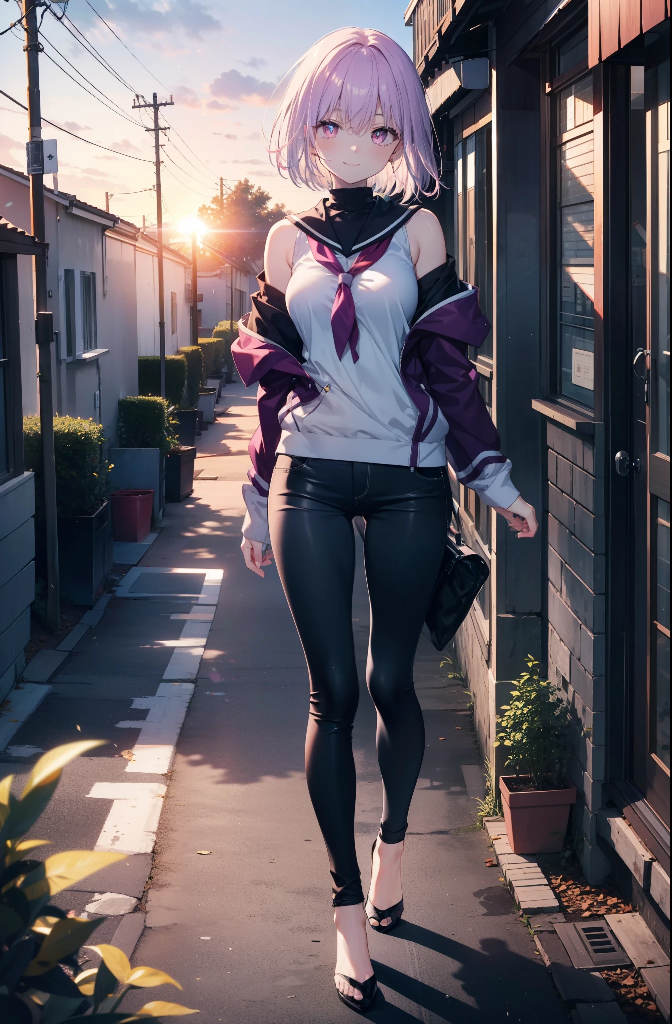 akaneshinjou, shinjou akane, Light purple hair, (Pink Eyes:1.2), short hair,hair band,Cold shoulder tops,skinny pants,Stiletto heels,walking,morning,morning陽,The sun is rising,whole bodyがイラストに入るように,happy smile, smile, Close your mouth,
 break looking at viewer,whole body,               　　　　　　　 break outdoors ,Residential Street, 　　　　　　　　　　　break (masterpiece:1.2), highest quality, High resolution, unity 8k wallpaper, (shape:0.8), (Beautiful and beautiful eyes:1.6), Highly detailed face, Perfect lighting, Extremely detailed CG, (Perfect hands, Perfect Anatomy),