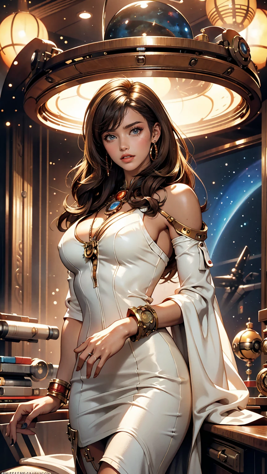 people々Image of a woman in her 50s wearing a white dress standing in front of, 70s Sci-Fi Art, Attractive brown haired woman, Movie stills, Hypermaximalist, Promotional Rendering, By Menez, Cosmic Bjork, steampunk, Velma, Mars Attacks, Around 1970, CP2077