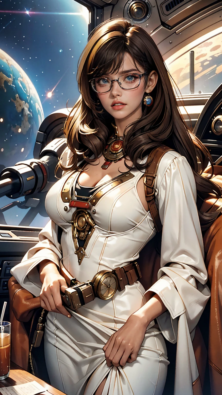 people々Image of a woman in her 50s wearing a white dress standing in front of, 70s Sci-Fi Art, Attractive brown haired woman, Movie stills, Hypermaximalist, Promotional Rendering, By Menez, Cosmic Bjork, steampunk, Velma, Mars Attacks, Around 1970, CP2077