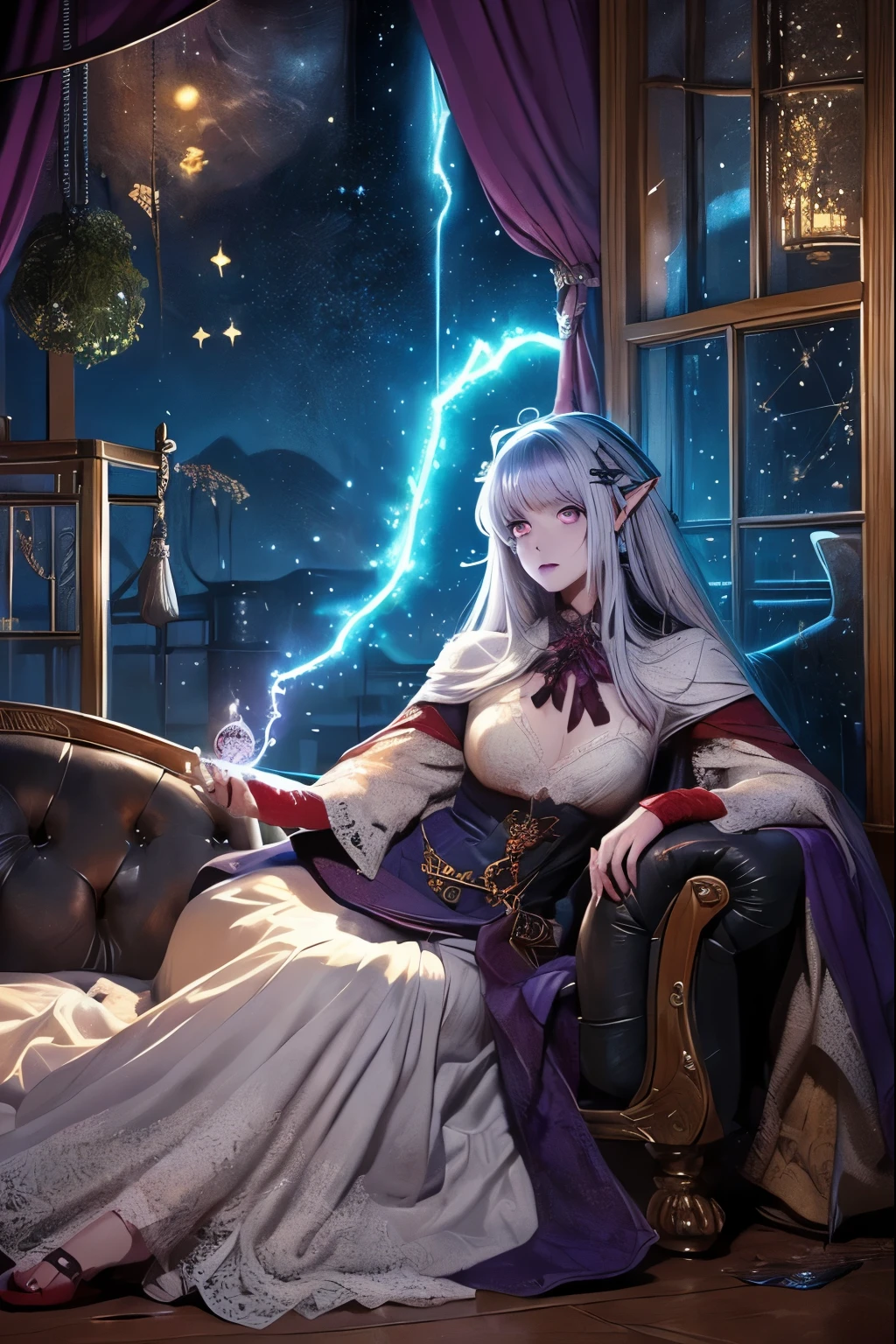 (Ultra-detailed face), (Fantasy Illustration with Gothic & Ukiyo-e & Comic Art), (Full Body, Open mouth, A middle-aged elf woman with white hair, blunt bangs, Very Very long disheveled hair, dark purple skin, lavender eyes)