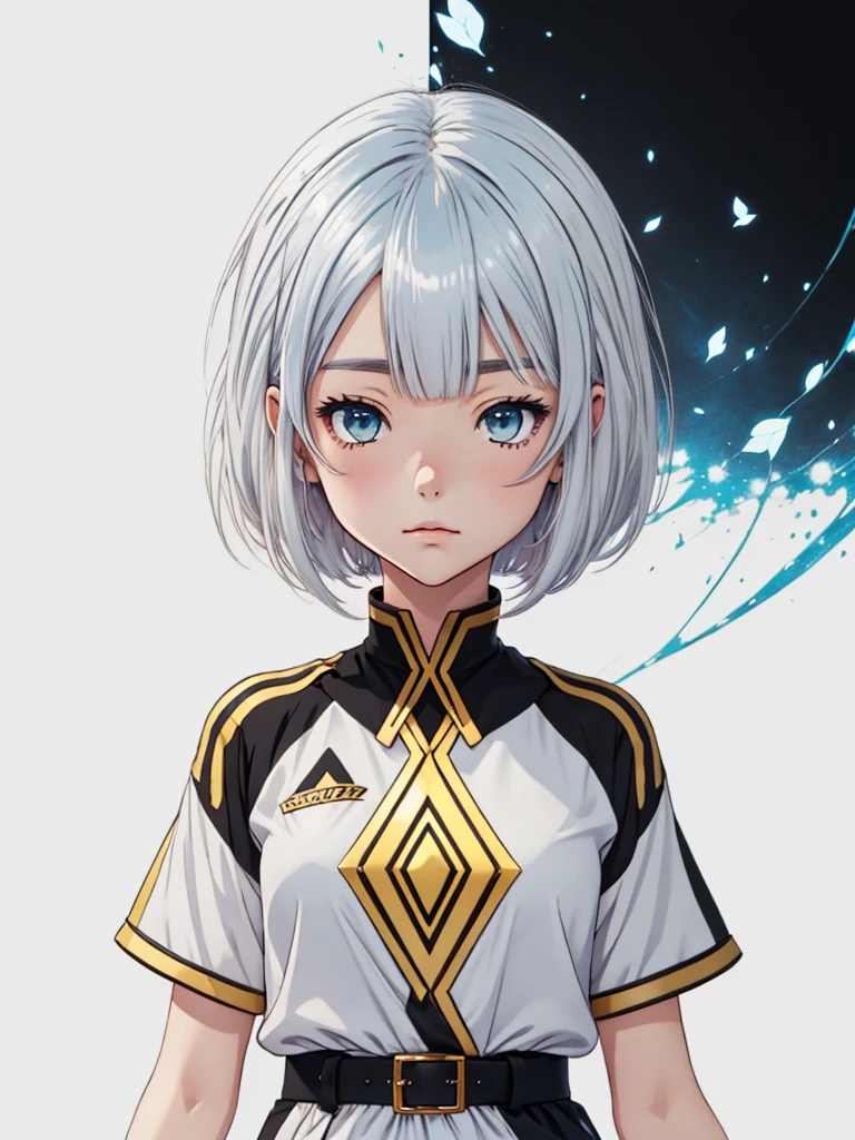 1girl,high-quality anime,highest quality、Masterpiece、Official Art、The best composition、Golden Ratio、Super detailed、ultra detailed,  blue and white hair color、Short bangs above eyebrows、Short Hair、Standing in front of the viewer、Pure white simple background、Oversized black and white jersey、vtuber-fullbody,