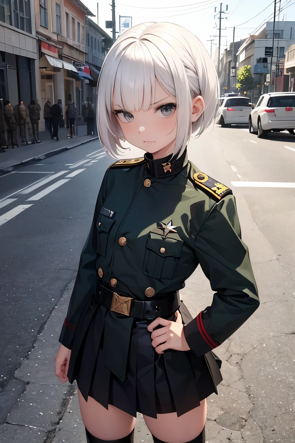     girl ,   small girl ,  short white hair,  keep militar ,  angry face , (loli body ), militar  uniform ,colete aprova de balas , cinto-de-utilidades  , chess skirt , saia xadrez  ,  coldrer de perna  , botas militares  , vilain  . Pistol , menacing. 