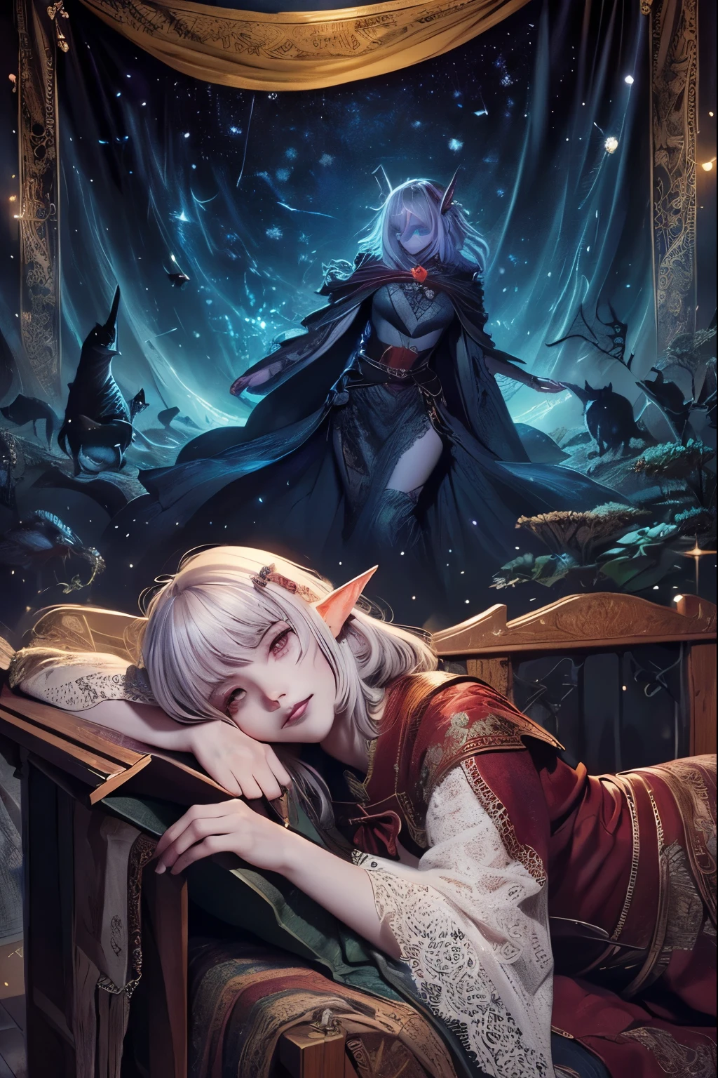 (Ultra-detailed face), (Fantasy Illustration with Gothic & Ukiyo-e & Comic Art), (Full Body, Open mouth, A middle-aged elf woman with white hair, blunt bangs, Very Very long disheveled hair, dark purple skin, lavender eyes)