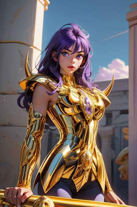 perfect eyes:1.2, detailed eyes:1.4, gold armor, armor, (purple hair:1.6), helmet, breasts, shoulder armor, medium hair, blue ey...