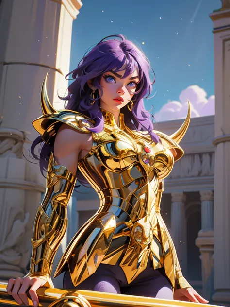 perfect eyes:1.2, detailed eyes:1.4, gold armor, armor, (purple hair:1.6), helmet, breasts, shoulder armor, medium hair, blue ey...