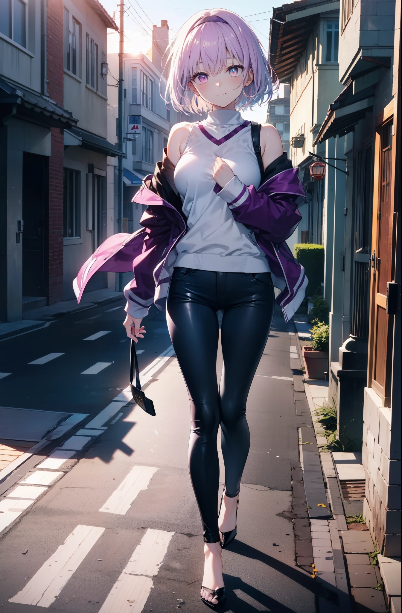 akaneshinjou, shinjou akane, Light purple hair, (Pink Eyes:1.2), short hair,hair band,Cold shoulder tops,skinny pants,Stiletto heels,walking,morning,morning陽,The sun is rising,whole bodyがイラストに入るように,happy smile, smile, Close your mouth,
 break looking at viewer,whole body,               　　　　　　　 break outdoors ,Residential Street, 　　　　　　　　　　　break (masterpiece:1.2), highest quality, High resolution, unity 8k wallpaper, (shape:0.8), (Beautiful and beautiful eyes:1.6), Highly detailed face, Perfect lighting, Extremely detailed CG, (Perfect hands, Perfect Anatomy),