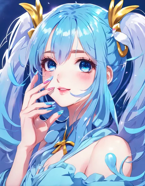 Light blue long hair、Cute beautiful girl with twin tails、Long nails、Show off your vibrant nails、Bright smile、Amazing claws