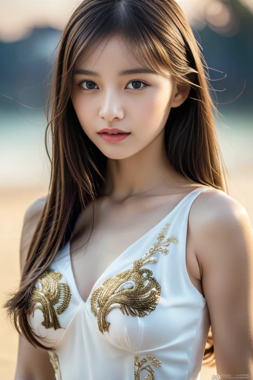 (Masterpiece:1.3), (8K), (Best Quality:1.4), (UHD:1.2), (Photorealistic:1.3),( Raw Photography), (1girl), (Ultra High Detailed), (Detailed face), very perfect beautiful and cute face, (Detailed hair), Beautiful hair, bangs, (symmetrical eyes:1.3), (Detailed eyes), (Detailed skin), Realistic skin, shiny skin, Ultra high definition, (medium breasts:0.7, good shaped breasts), (slim figure), (super model figure), 

( wearing a high fashion beautiful white dress with intricate gold embroidery, damask pattern:1.3, inspired by Versace:1.3 ), 
on the beach, Sunset, orange sky