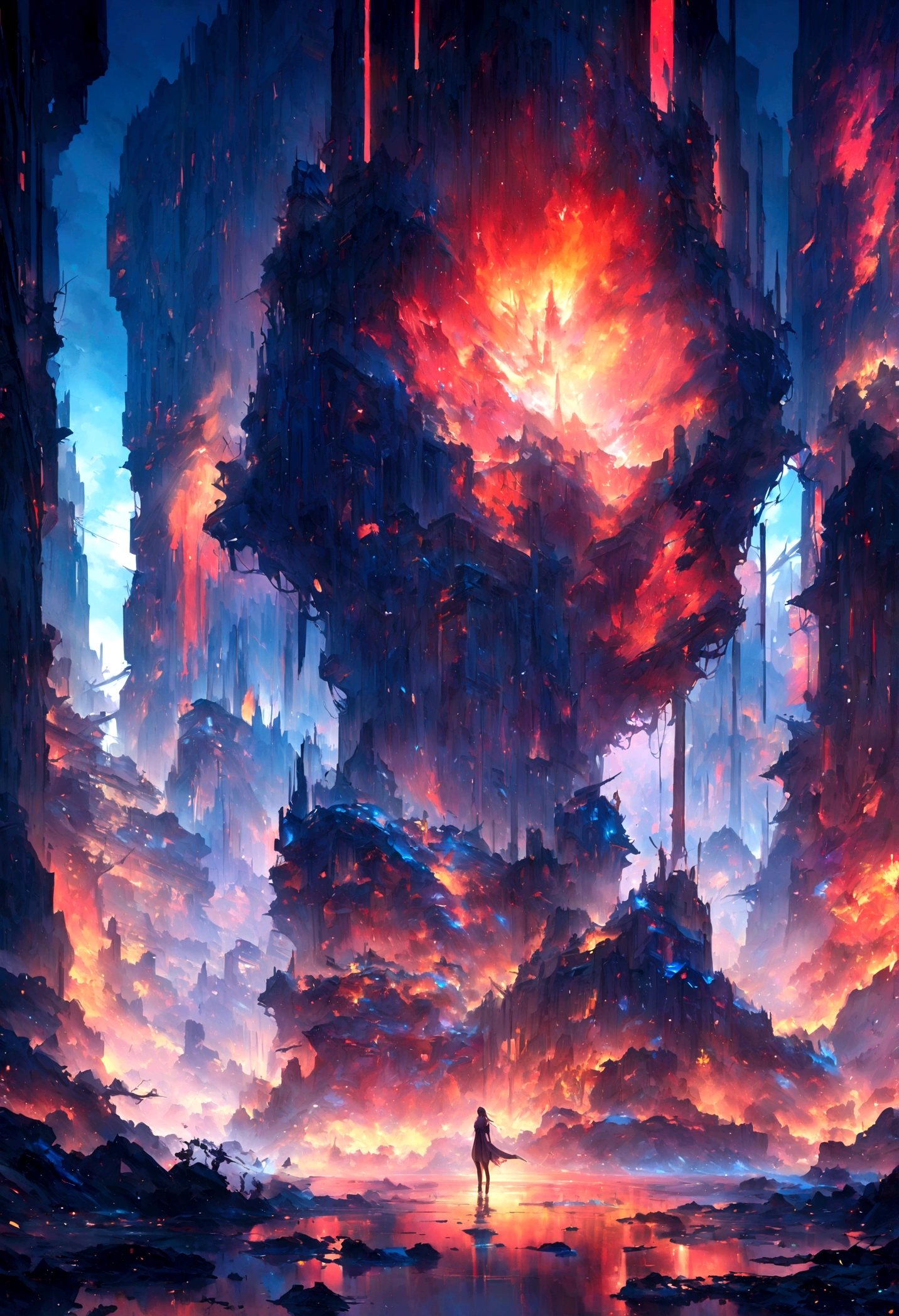 A dystopian cityscape comes to life in a mesmerizing tableau, with skyscrapers ablaze and crumbling in the foreground. This vivid scene, captured in a striking digital painting, showcases a juxtaposition of futuristic architecture and ruin, creating a hauntingly beautiful image that is both evocative and thought-provoking. The attention to detail and vibrant colors make this a truly mesmerizing piece of art.