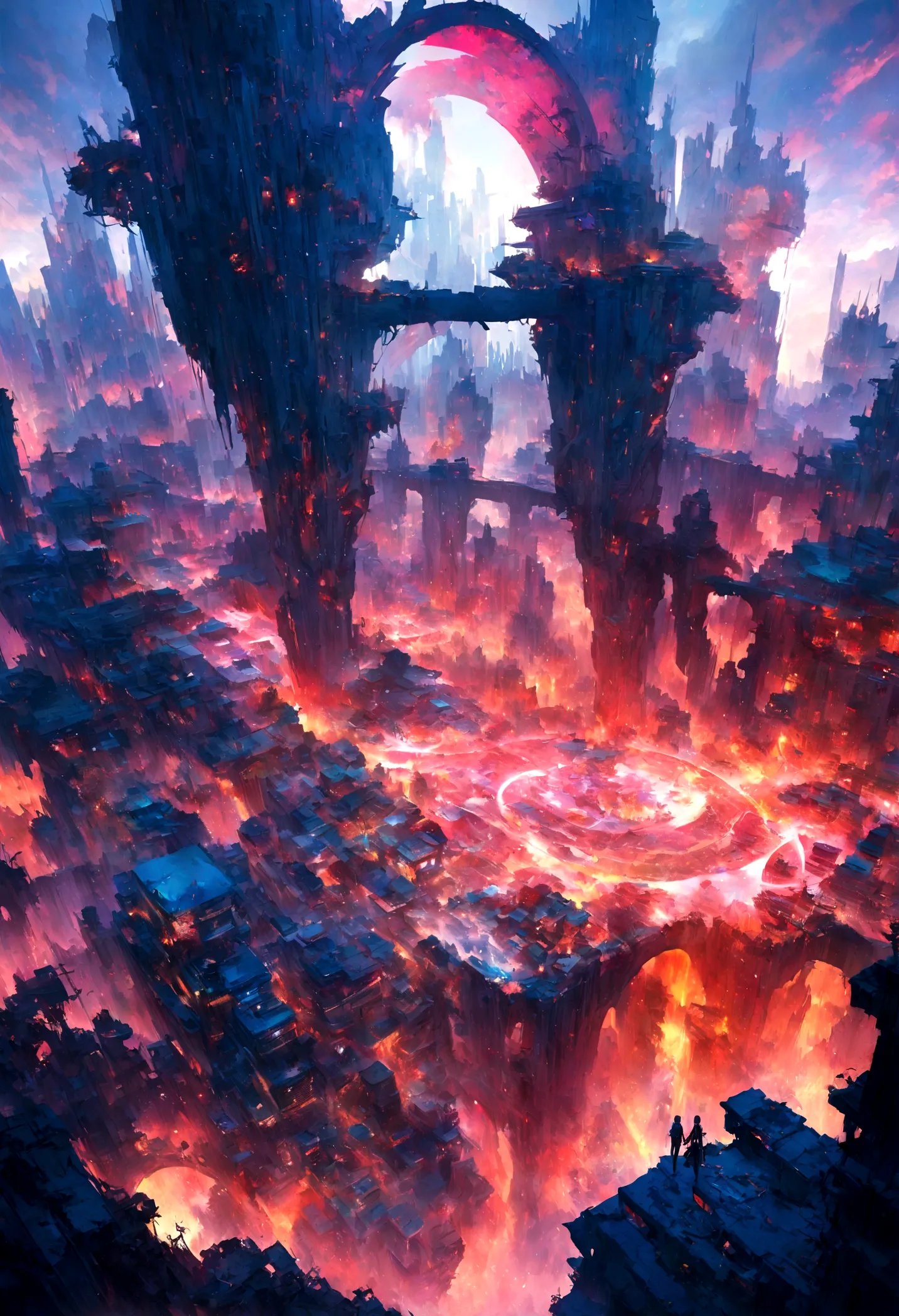 A dystopian cityscape comes to life in a mesmerizing tableau, with skyscrapers ablaze and crumbling in the foreground. This vivi...