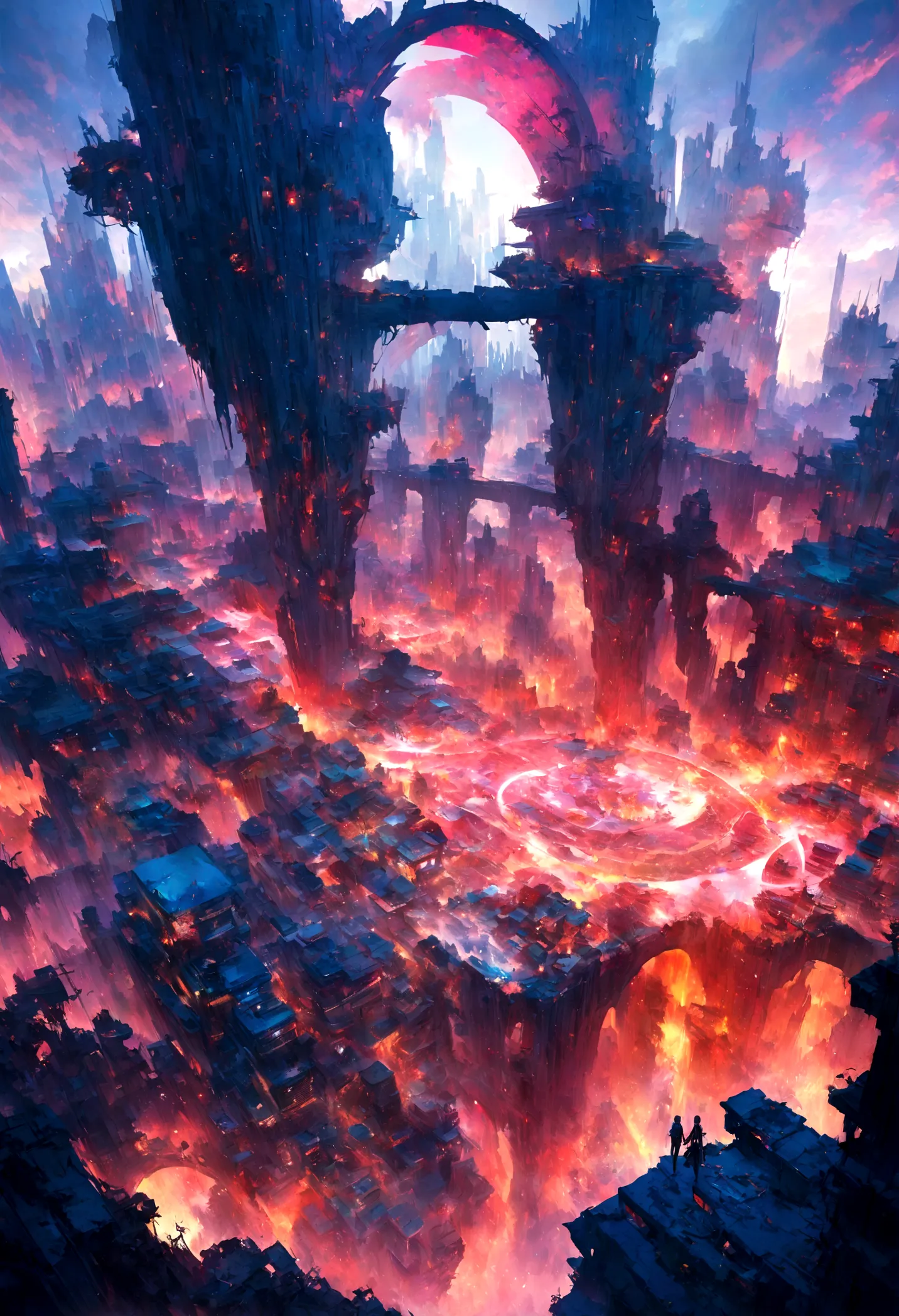 a dystopian cityscape comes to life in a mesmerizing tableau, with skyscrapers ablaze and crumbling in the foreground. this vivi...