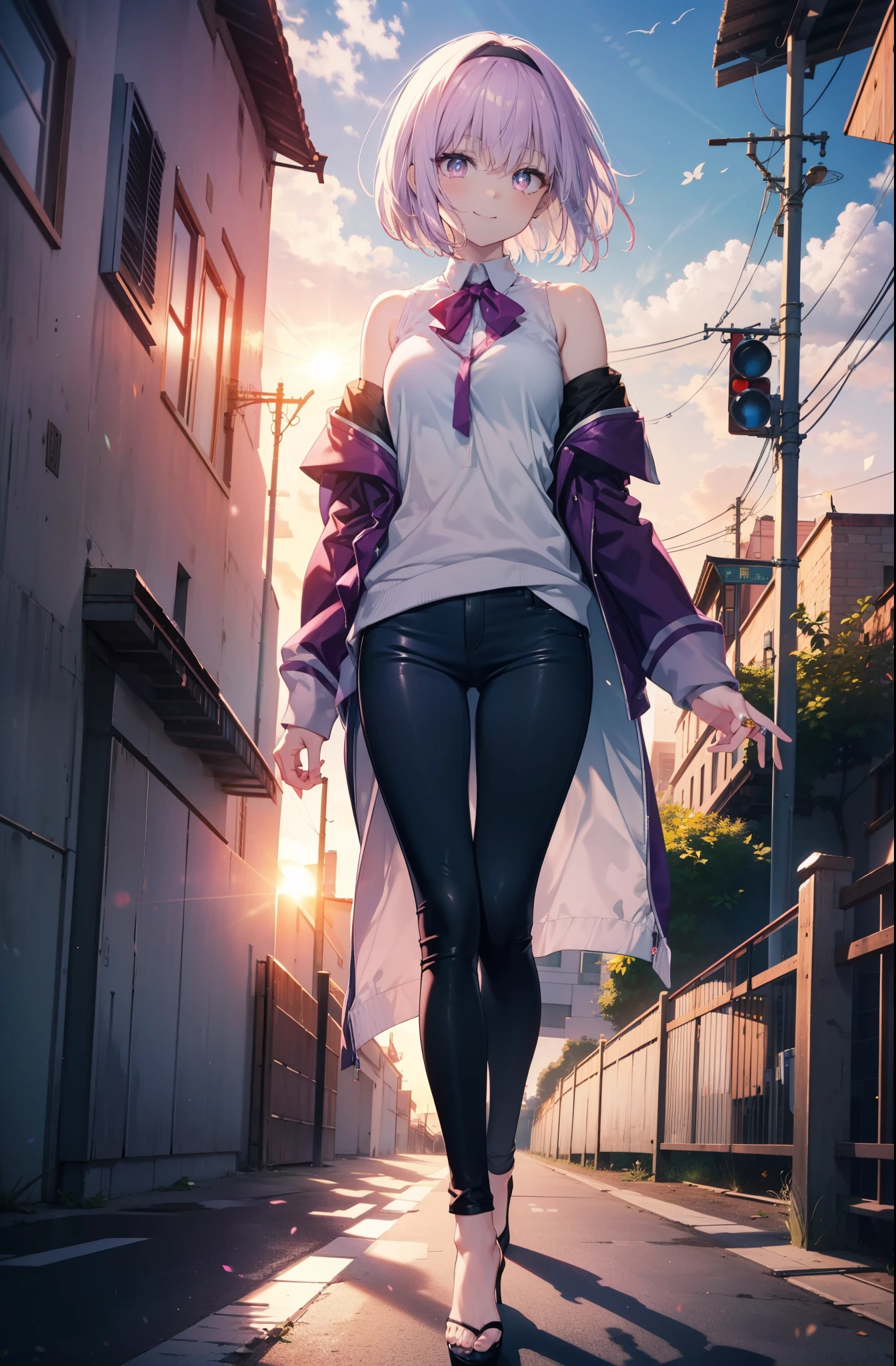 akaneshinjou, shinjou akane, Light purple hair, (Pink Eyes:1.2), short hair,hair band,Cold shoulder tops,skinny pants,Stiletto heels,walking,morning,morning陽,The sun is rising,whole bodyがイラストに入るように,happy smile, smile, Close your mouth,
 break looking at viewer,whole body,               　　　　　　　 break outdoors ,Residential Street, 　　　　　　　　　　　break (masterpiece:1.2), highest quality, High resolution, unity 8k wallpaper, (shape:0.8), (Beautiful and beautiful eyes:1.6), Highly detailed face, Perfect lighting, Extremely detailed CG, (Perfect hands, Perfect Anatomy),