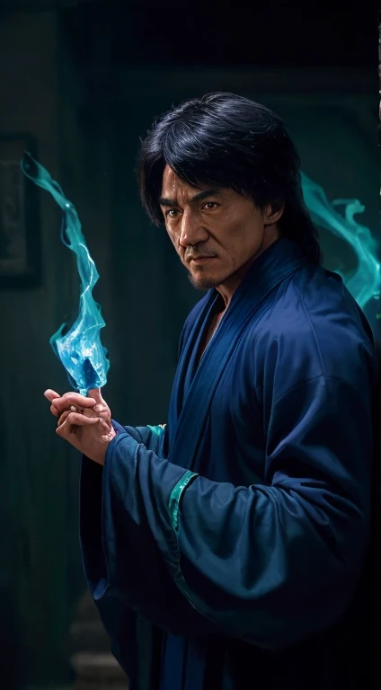 Schauspieler ((Jackie Chan)) Shang Tsung, Mortal Kombat, ((alt)), gespenstisch, ((Bart)), dunkelblaue lange Robe, Grüne transparente Seele auf dem Hintergrund, kompliziert, Hohe Detailliertheit, scharfer Fokus, dramatisch, Fotorealistische Gemälde von Greg Rutkowski, Betrunken sein, trete,