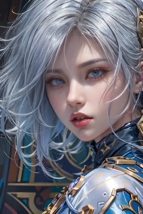 A dynamic series of paintings depicting a silver-haired, blue-eyed warrior girl., 8k, 超High resolution, Super detailed, High res...