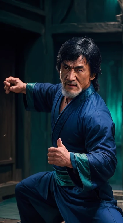 Schauspieler ((Jackie Chan)) Shang Tsung, Mortal Kombat, ((alt)), gespenstisch, ((Bart)), dunkelblaue lange Robe, Grüne transparente Seele auf dem Hintergrund, kompliziert, Hohe Detailliertheit, scharfer Fokus, dramatisch, Fotorealistische Gemälde von Greg Rutkowski, Betrunken sein, trete,((Kampfpose)),