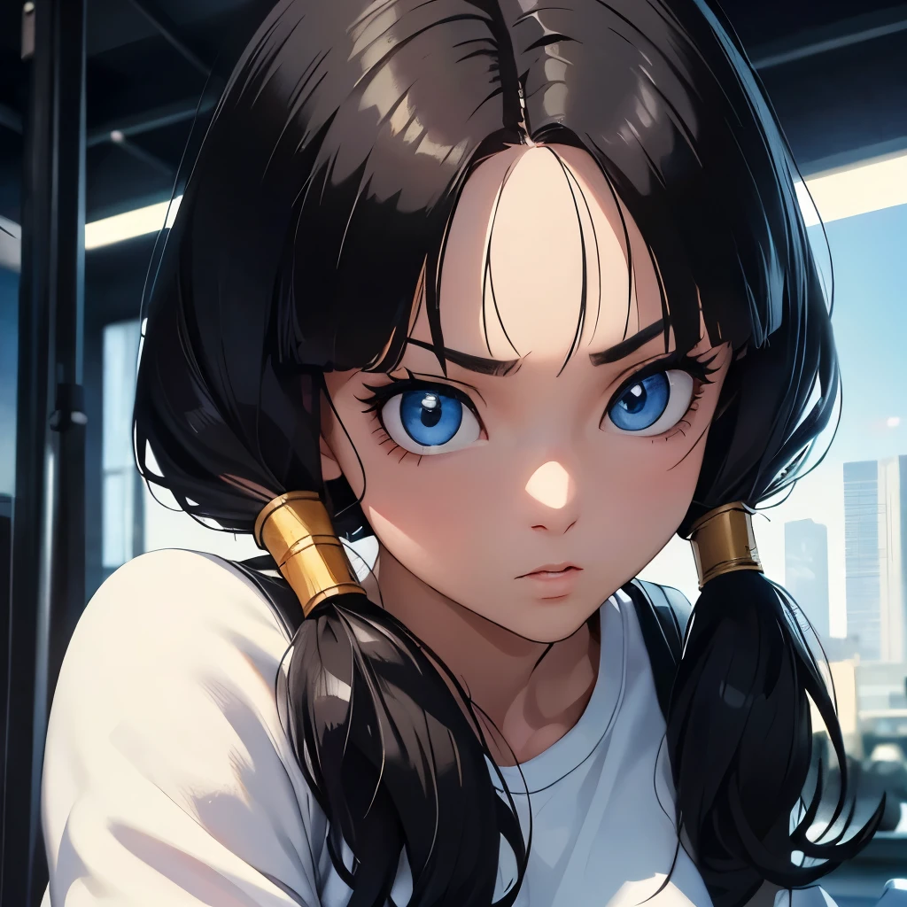 (masterpiece), anime, Best quality, good anatomy, videl2, solo, ( on your knees),blue eyes, black hair, twintails, black gloves, medium breast, realistic face, glomy face, Looking down, vagina, bangs, white shirt, gym, Reflectors, 8K masterpiece, super detail, film movie, best quality, best ditails, detailed face, detailed eyes, camera from bellow