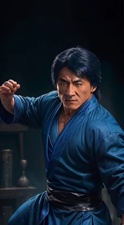 Acteur ((Jackie Chan)) Shang Tsung, Combat mortel, ((vieux)), fantasmagorique, ((barbe)), robe longue bleu foncé, âme transparente verte sur fond, compliqué, Détails élevés, netteté, Spectaculaire, Peintures photoréalistes de Greg Rutkowski, Être bourré, Coup,((pose de combat)),((a une aura bleue)),