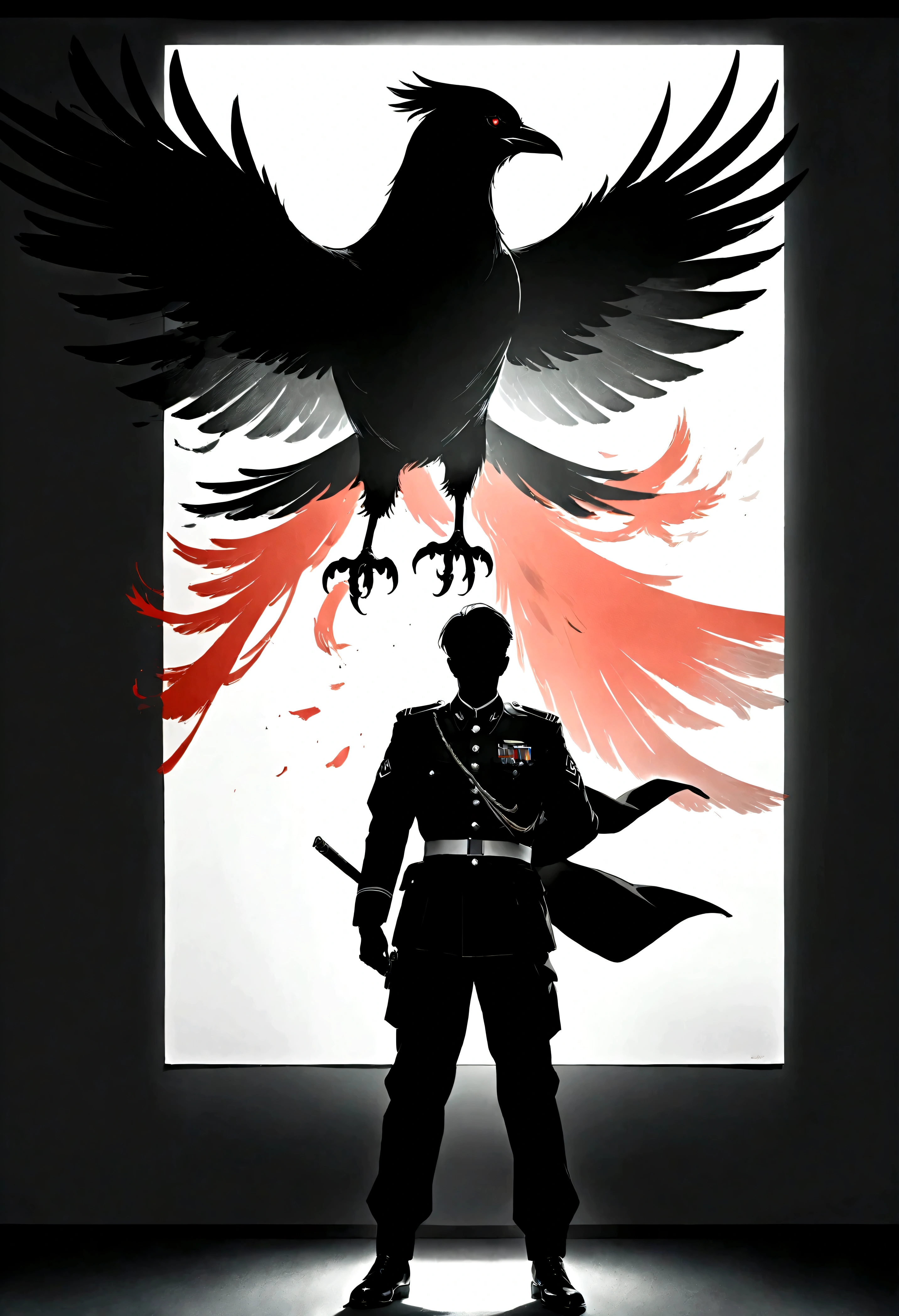 ((Full body):1.2),((Selective color):1.1), Drawing of a Karasu Tengu in Modern Military Uniform with Red Eye, silhouette of crow in background, smooth lines, fine art piece, Express expressions and postures through ink contrast, emphasize light, shadow and space. figurative art, (best quality, 4K, 8k, high resolution,masterpiece:1.2) ,(actual, photoactual, photo-actual:1.37). ((perfect_composition, perfect_design, perfect_layout, perfect_detail, ultra_detailed)), ((enhance_all, fix_everything)), More Detail, Enhance.
