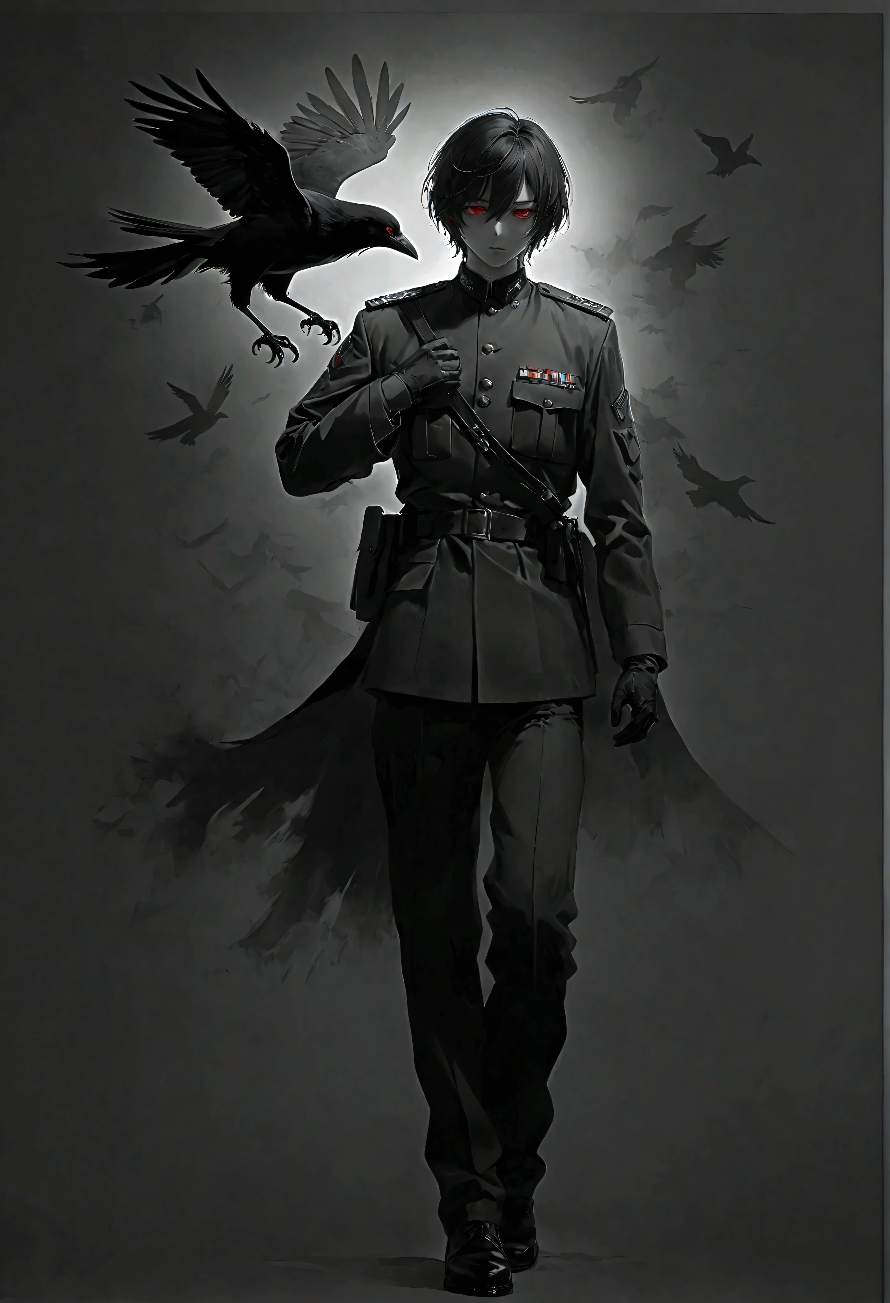 ((Full body):1.2),((Selective color):1.1), Drawing of a Karasu Tengu in Modern Military Uniform with Red Eye, silhouette of crow in background, smooth lines, fine art piece, Express expressions and postures through ink contrast, emphasize light, shadow and space. figurative art, (best quality, 4K, 8k, high resolution,masterpiece:1.2) ,(actual, photoactual, photo-actual:1.37). ((perfect_composition, perfect_design, perfect_layout, perfect_detail, ultra_detailed)), ((enhance_all, fix_everything)), More Detail, Enhance.
