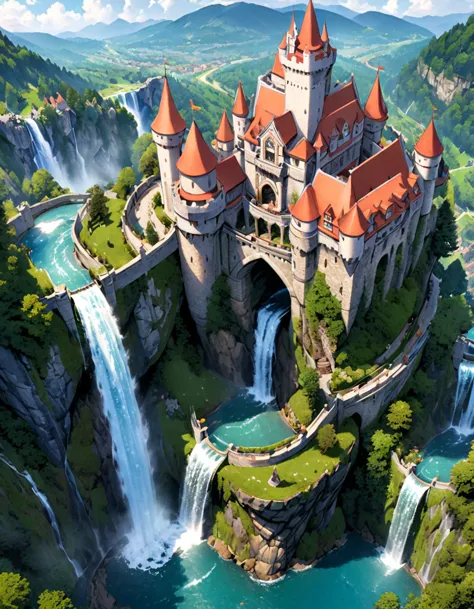 castle with a waterfall