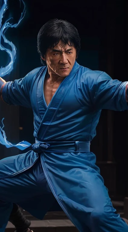 actor ((Jackie Chan)) océano,((has a blue aura)),((pose de pelea)),Tsung, Mortal Kombat, ((VIEJO)), escalofriante, ((barba)), túnica larga azul oscuro, Alma transparente verde sobre fondo, complicado, Alto detalle, enfoque nítido, dramático, Pinturas fotorrealistas de Greg Rutkowski, Estando ebrio, patada,