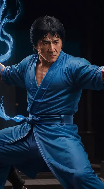 actor ((Jackie Chan)) Ocean,((has a blue aura)),((Fighting Pose)),Tsung, Mortal Kombat, ((old)), spooky, ((beard)), Dark blue lo...